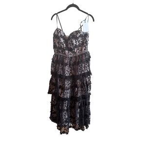 NWT Endless Rose Black Floral Embroderied Tiered Midi Dress Size Medium Romantic